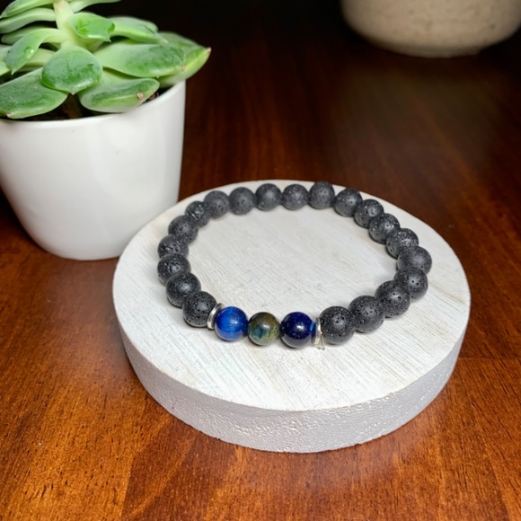 Dark Blue Tiger’s Eye Stone and Natural Lava Rock Diffuser Bracelet - Picture 2 of 5